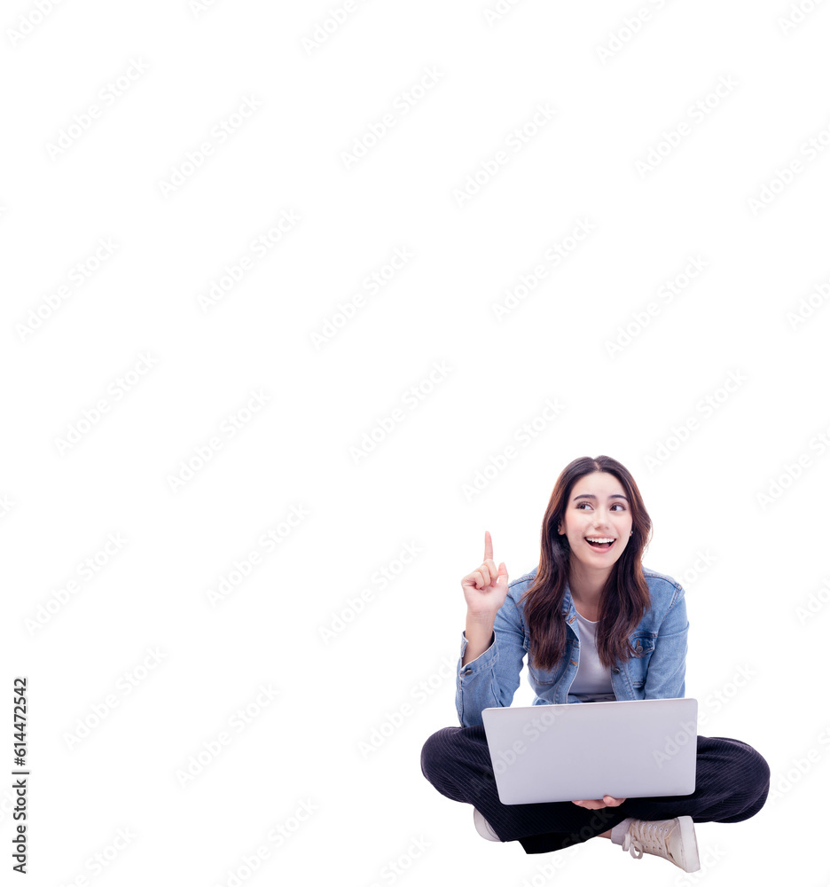 Young woman sitting on floor legs crossed using laptop computer on white background Smiling student teen girl working on laptop computer Full body of young girl netbook point finger to empty space Young woman sitting on floor legs crossed using laptop computer on white background Smiling student teen girl working on laptop computer Full body of young girl netbook point finger to empty space
