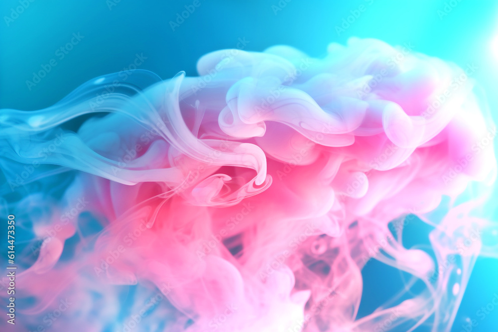 Abstract background of blue and pink smoke. Glowing color steam wallpaper, cloud and fog. Trendy design. Generative Ai content.