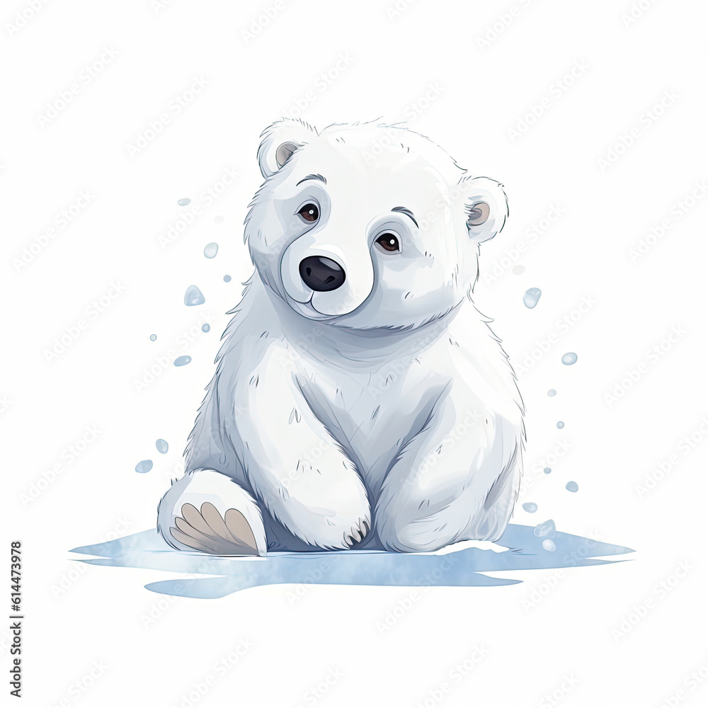 A Little Polar Bear is Sitting on the Snow, White background, Generative AI A Little Polar Bear is Sitting on the Snow, White background, Generative AI
