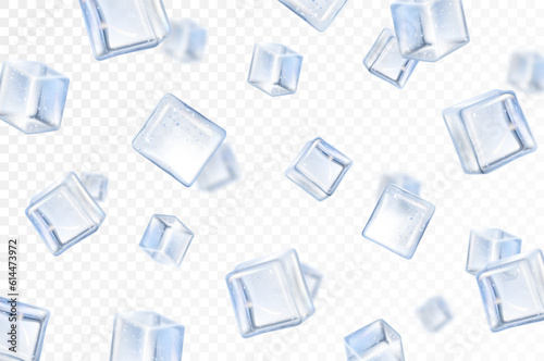 Falling ice cube, isolated on transparent background, selective focus. Flying ice cubes with blur effect . Realistic 3d vector illustration