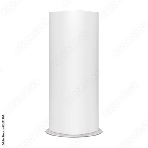 Blank advertising standee isolated on white background realistic mock-up. Trade show display stand vector mockup. LED light box sign template