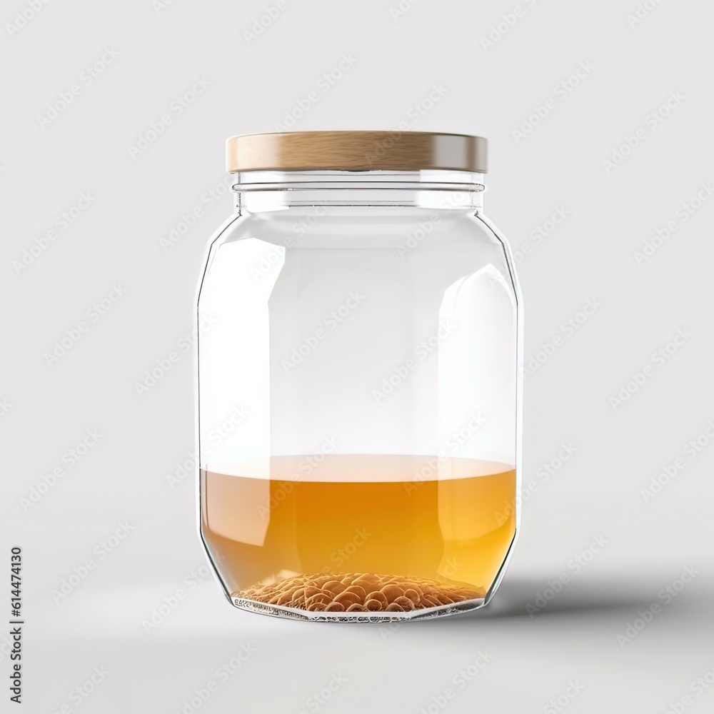 Jar of honey on grey background. Generative ai. Jar of honey on grey background. Generative ai.