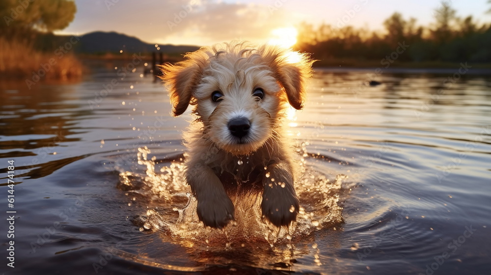 fluffy dog and cat play on beach at  sunrise in sea water with splash ,generated ai