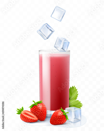 Strawberry cocktail. Berry smoothie or yogurt. Summer refreshing drink with ice cubes and strawberry. Strawberry juice, lemonade. Realistic 3D vector illustration