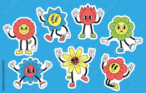 Set of Stickers Whimsical Y2k Flower Characters. Vibrant And Playful Creations From The Turn Of The Millennium