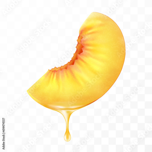 Sliced of peach with juice dripping isolated on transparent background. Fresh slice of peach with essential oil dripping. Juicy fruit. Fresh summer design. Realistic 3d vector