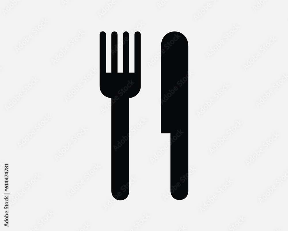 Fork and Knife Icon. Cutlery Kitchen Utensil Dine Dining Meal Eat Silverware. Black White Sign Symbol Illustration Artwork Graphic Clipart EPS Vector Fork and Knife Icon. Cutlery Kitchen Utensil Dine Dining Meal Eat Silverware. Black White Sign Symbol Illustration Artwork Graphic Clipart EPS Vector