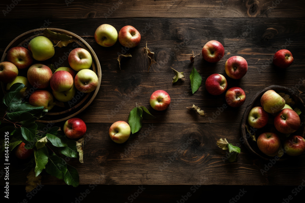 Naklejka premium Fresh apples with green leaves on a rustic wooden table overhead, generative AI