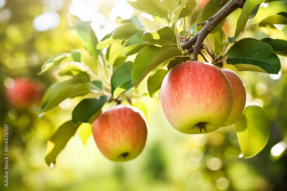 Fresh ripe apples on trees in plantation outdoors. Generative AI. Fresh ripe apples on trees in plantation outdoors. Generative AI.