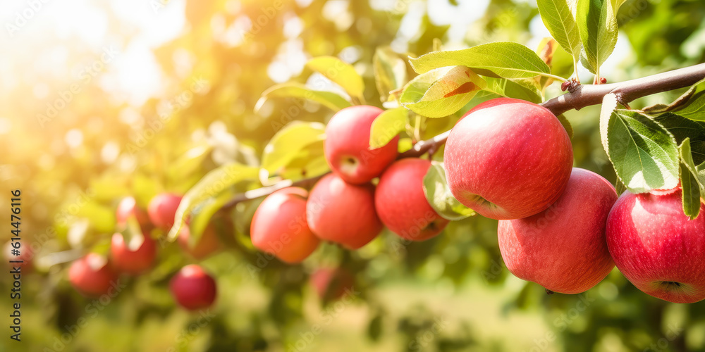 Fresh ripe apples on trees in plantation outdoors. Generative AI.