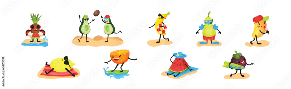Humanized Fruit Characters Spending Time on Beach Vector Set