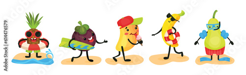 Humanized Fruit Characters Spending Time on Beach Vector Set