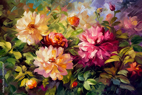 hand Painted flowers as a lush pattern oil painted Photo, Generative AI