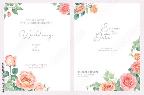 watercolor rose flower card, wedding invitation template with arrangement flower and leaves