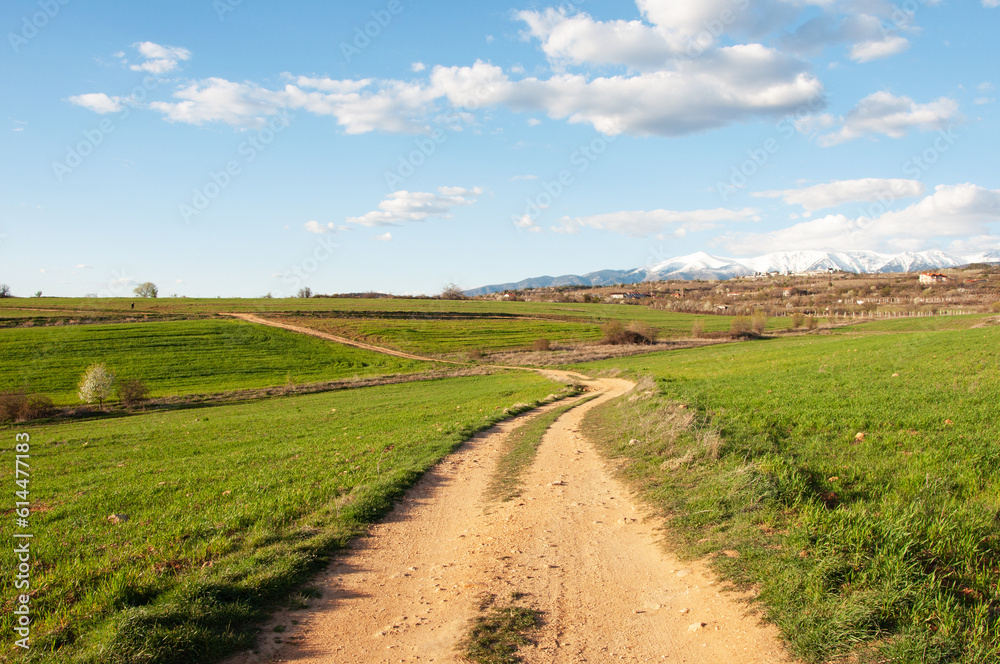 Country landscape, green fields, dirt road in southern Bulgaria, spring Country landscape, green fields, dirt road in southern Bulgaria, spring