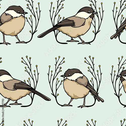 Vector seamless pattern with hand drawn cute Willow Tit in graceful floral wreath. Ink drawing, beautiful animal design elements. Perfect for prints and patterns