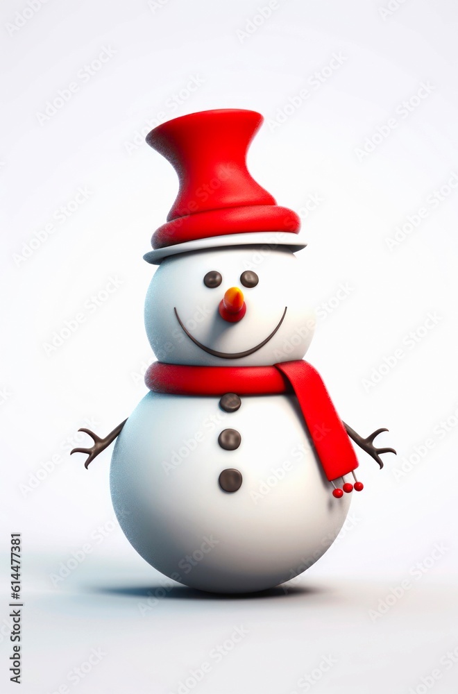 Cartoon illustration of a cute snowman with red hat and scarf on white background. Generative AI.