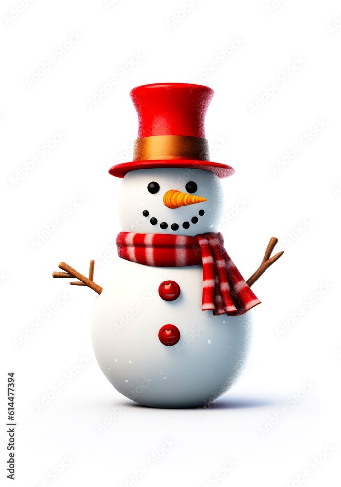 Cartoon illustration of a cute snowman with red hat and scarf on white background. Generative AI.