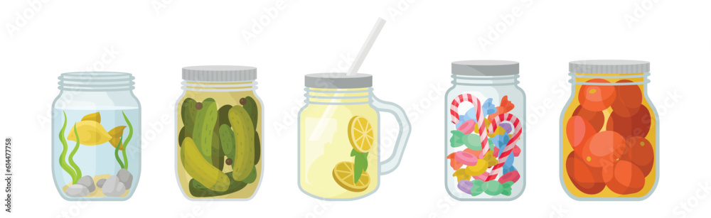 Glass Jars with Different Objects Inside Vector Set Glass Jars with Different Objects Inside Vector Set
