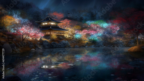 Fantasy Japanese Magical Garden and Park at Night, Nature Landscape with a Japanese House. v4.