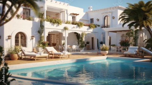 Traditional Mediterranean white house with a swimming pool on the hill with beautiful sea views. summer holiday background
