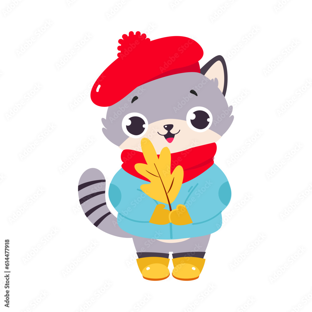 Fototapeta premium Funny Autumn Grey Cat Wear Warm Beret and Coat Stand with Leaf Vector Illustration