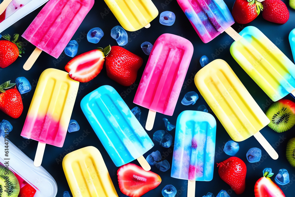 Fruit popsicles on a black background. Top view. Flat lay. - generative ai illustration. Fruit popsicles on a black background. Top view. Flat lay. - generative ai illustration.
