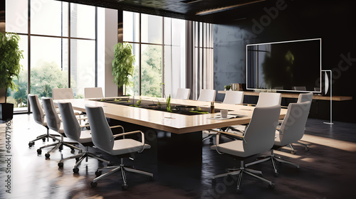 modern interior of an office conference room with white swivel chairs  rectangular table and big windows