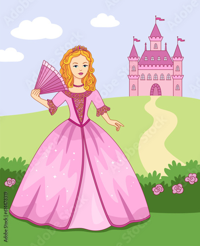 Vector beautiful fairytale princess on green background with pink castle, children's illustration for print or postcard, romantic princess in rose with hand fan
