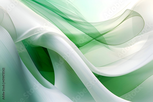 Abstract background with smooth curved lines, layered translucency. Light green and emerald decorative background.
