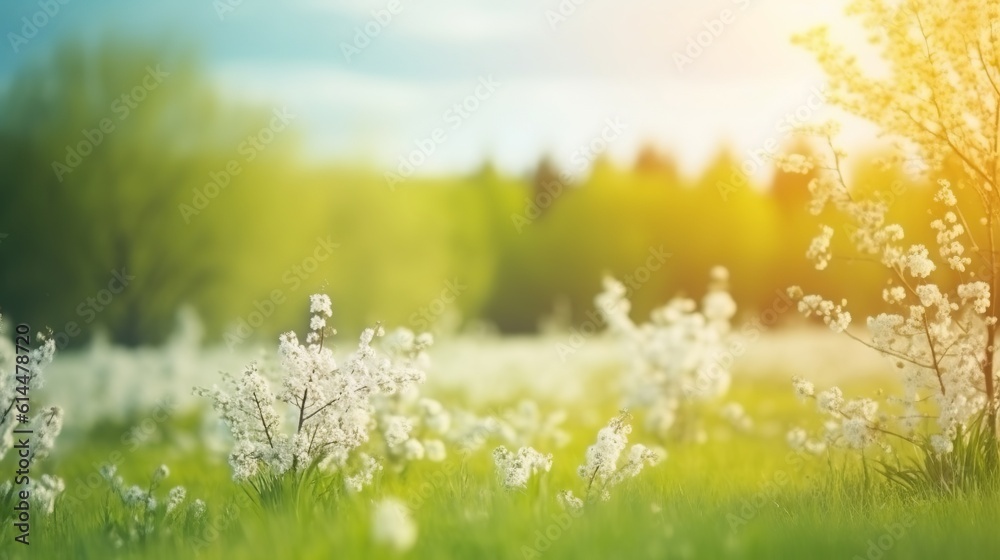 Beautiful, blurred spring background nature with blooming glade, trees and blue sky on a sunny day, Generative Ai