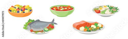 Fruit Salad, Soup, Fish and Vegetables as Tasty Meal Vector Set