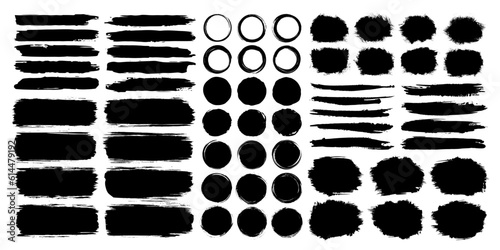 Set of grunge black paint brush stroke, ink splash and artistic watercolor design elements on white background. Vector frame art, splatter or abstract grungy shape for social media banner decoration.