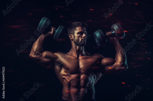 men and woman holding dumbbells, in the style of spectacular backdrops, AI Generative © siripimon2525