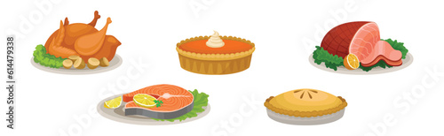 Festive Dish with Ham, Pie, Roasted Chicken and Salmon Vector Set