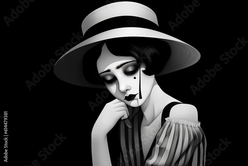 Sad mime female Pierrot with a black hat, ai generated, Generative AI photo