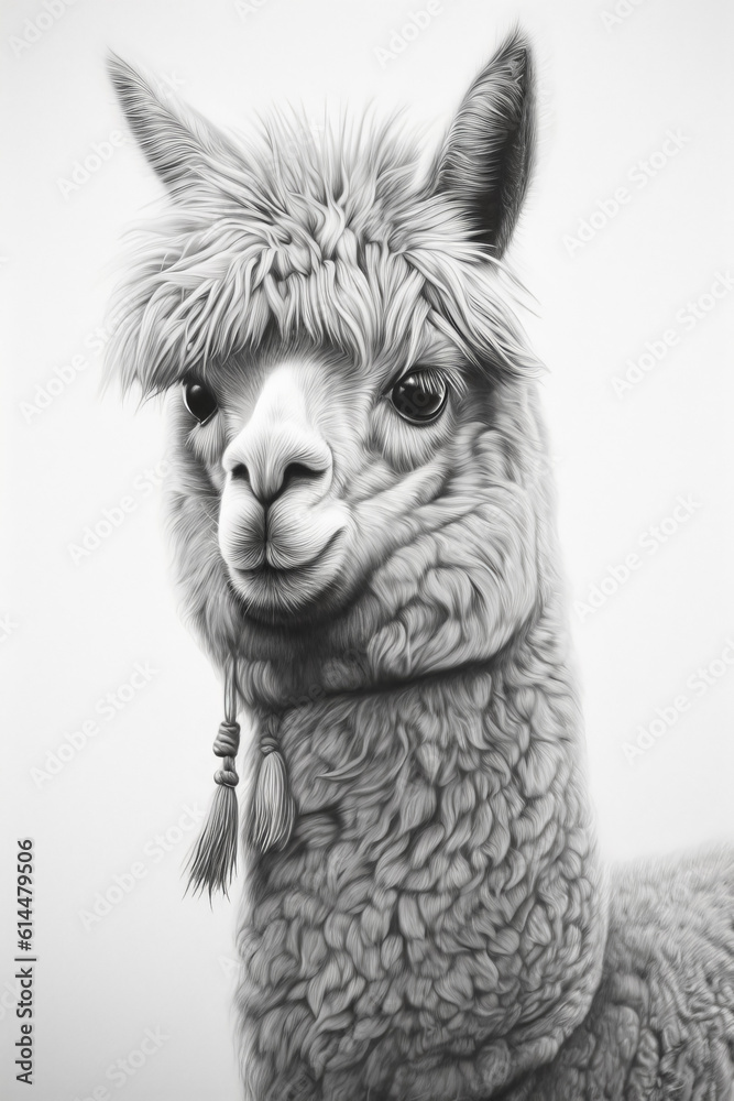 Beautiful black and white portrait of an alpaca on a white background. Generative AI.