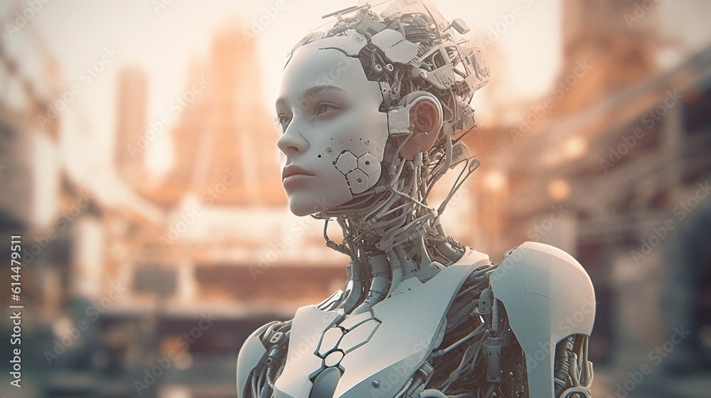a robot or a woman half a robot with mechanical technological body parts and upgrades, transhumanism cyborg and artificial intelligence, a robot or a woman half a robot with mechanical technological body parts and upgrades, transhumanism cyborg and artificial intelligence,