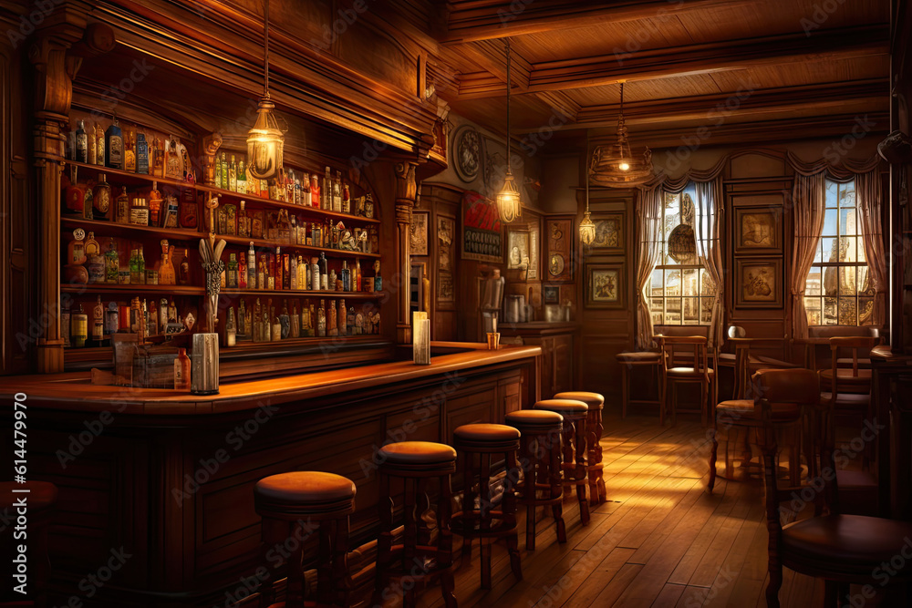 Vintage Pub Decor: A Classic British Bar Interior. Generative AI