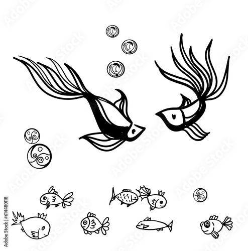 Set of line fish with bubbles. Line drawing doodle. Illustration for logo, coloring book and greeting cards. Vector illustration EPS10