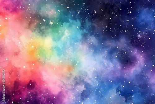 Colorful purple and blue watercolor space background. View of universe with copy space. Nebula illustration.