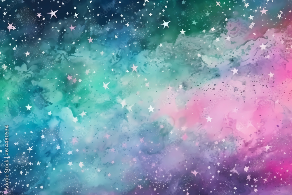 © Iryna - Colorful emerald green and pink watercolor space background. View of universe with copy space. Nebula illustration.