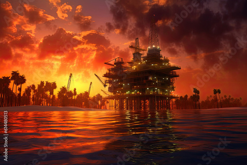 Silhouettes of Energy: Offshore Oil Rig at Dusk. Generative AI