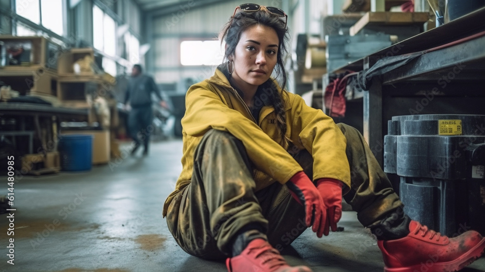 a young adult woman works in industry, fictitious, in dirty work clothes, hard job, work as a craft or industrial worker, in a warehouse or production hall, fictitious place