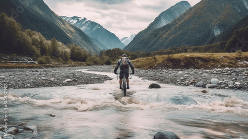 Thrilling bike adventure in the flowing river. Generative AI