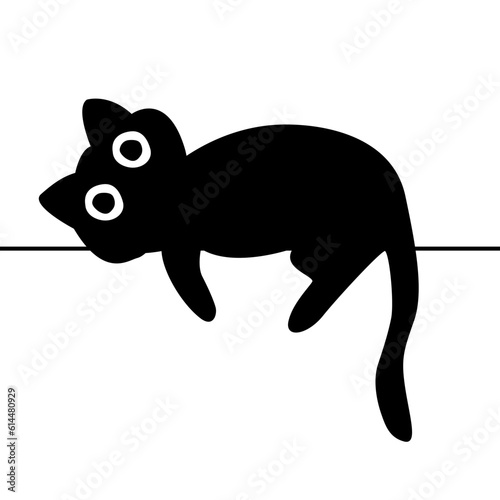 The black cat sleeps on the wall. Flat style vector illustration.