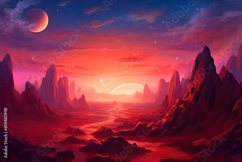 Otherworldly Mars: A Rocky Landscape under a Red Sky. Generative AI © Andrii 