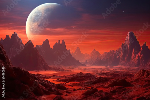 Majestic Martian Terrain: Mountains and Red Skies. Generative AI