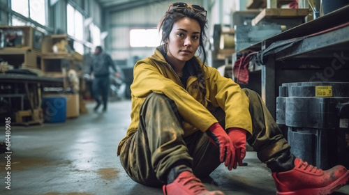 a young adult woman works in industry, fictitious, in dirty work clothes, hard job, work as a craft or industrial worker, in a warehouse or production hall, fictitious place