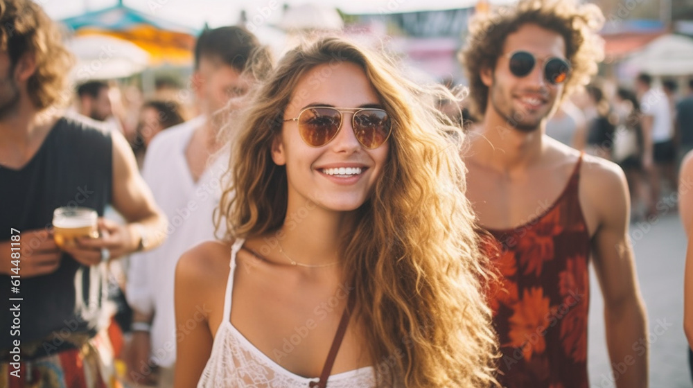 young adult woman outdoors strolling through town in summer, transgender friends and boys, tank top and sunglasses, fun and joy, contentment in free time or weekend, fictional location